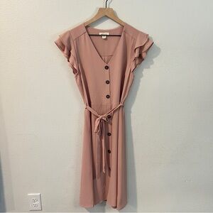 Monteau Pink Crepe Chiffon Button Front‎ V-Neck Flutter Cap Sleeve Midi Dress L
